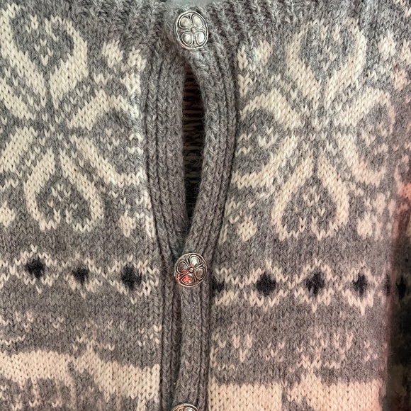 Vintage Fairisle Gray Navy Wool Cardigan Sweater Womens Deer Nordic Cabincore - Picture 3 of 11